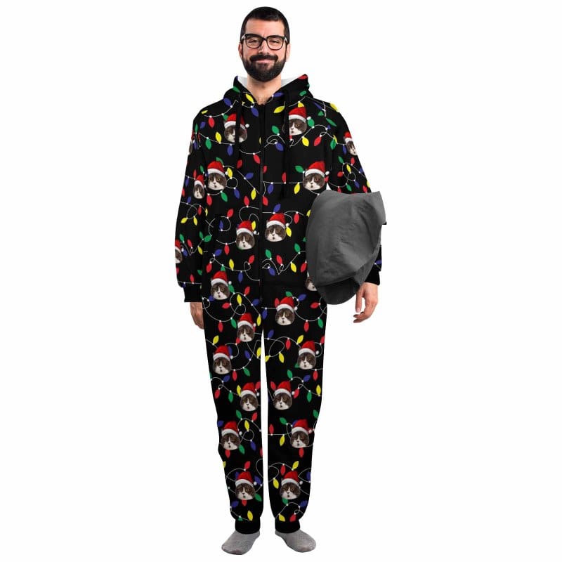 FacePajamas Pajama Adult Onesie [Thick Soft Fabric] Funny Flannel Fleece Adult Onesie Pajamas Custom Face Christmas Lights on Black Background Jumpsuit Homewear