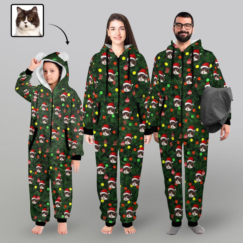 FacePajamas Pajama Adult Onesie [Thick Soft Fabric] Funny Flannel Fleece Adult Onesie Pajamas Custom Face Christmas Tree Lights Printed Jumpsuit Homewear