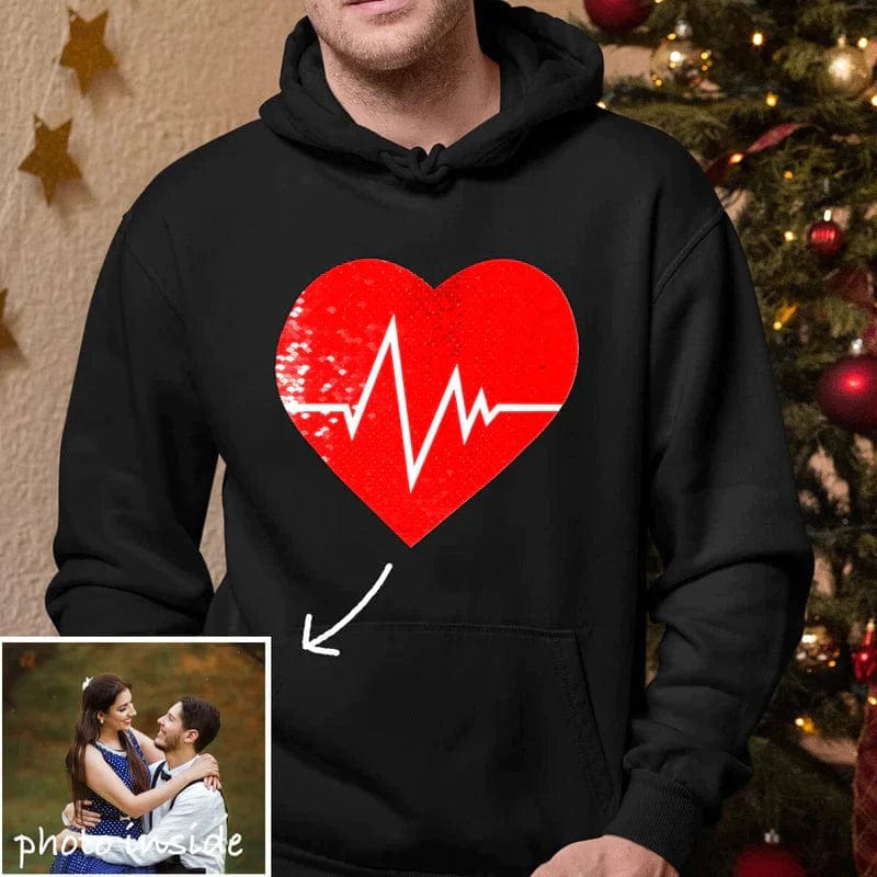 FacePajamas Hoodie-2ML-1688 [Thickened Fabric] Custom Photo Heart Flip Sequin Pure Cotton Hoodie Best Unisex Hoodie For Men Women [Double Print]