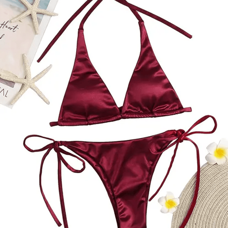 FacePajamas Bikini-2GG-SMT Wine / White Thread / S Custom Embroidery Letters Bikini Sets Sexy Girls DIY Name Swimsuit(Custom 1-10 Letters)