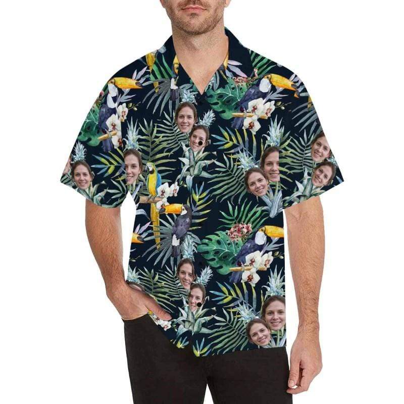 Custom Hawaiian Shirt with Face Best Couple Gift Flower Parrot Face Shirt Personalized Hawaiian Shirts Birthday Party Gift