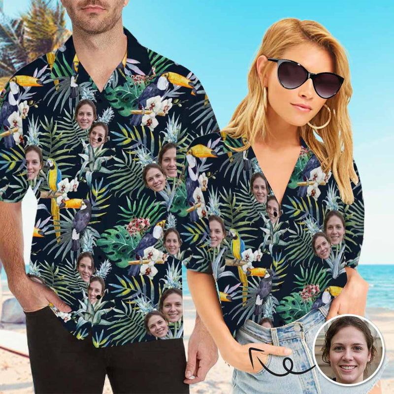 Custom Hawaiian Shirt with Face Best Couple Gift Flower Parrot Face Shirt Personalized Hawaiian Shirts Birthday Party Gift