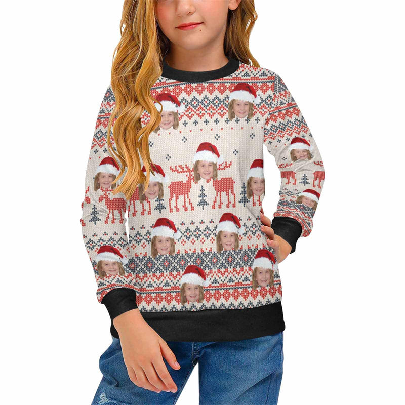 Custom Face Sweater Ugly Christmas Sweater Deer Parttern Personalized Girl's All Over Print Crew Neck Sweater Custom Personalized Christmas Sweater