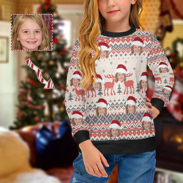 Custom Face Sweater Christmas Deer Parttern Personalized Girls Sweater