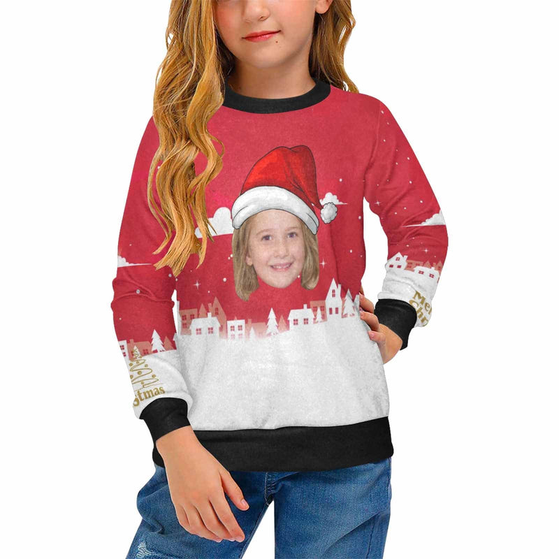 Custom Face Sweater Christmas Hat Personalised Girl's All Over Print Crew Neck Sweater Custom Ugly Sweater For Christmas