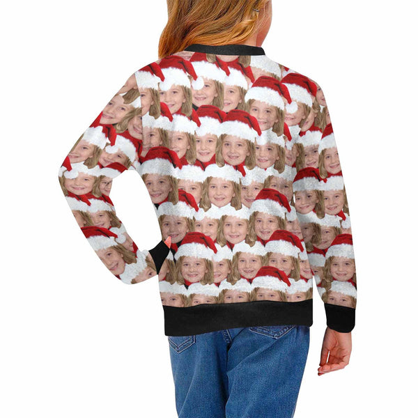 Custom Ugly Christmas Sweater With Photo Face Sweater Seamless Christmas Hat Personalized Girl's All Over Print Crew Neck Sweater For Christmas