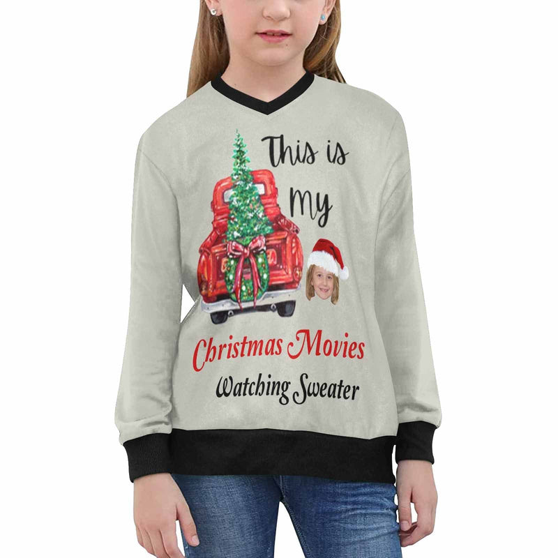 Custom Face Sweater This Is My Christmas Movie Watching Personalized Ugly Christmas Sweater With Photo Girls' All Over Print V-Neck Sweater