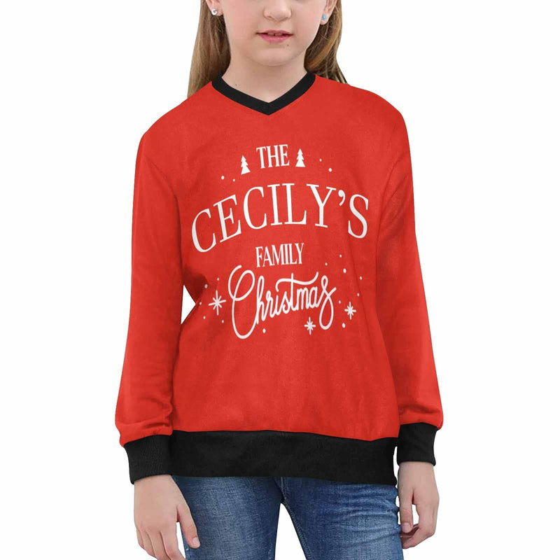 Custom Name Sweater Family Christmas Personalized Girls' All Over Print V-Neck Sweater Custom Ugly Sweater For Christmas