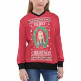 Custom Photo Sweater Merry Christmas Red Personalized Girls' All Over Print V-Neck Sweater Custom Ugly Sweater With Picture For Christmas