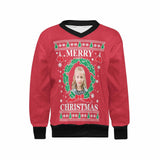 Custom Photo Sweater Merry Christmas Red Personalized Girls' All Over Print V-Neck Sweater Custom Ugly Sweater With Picture For Christmas