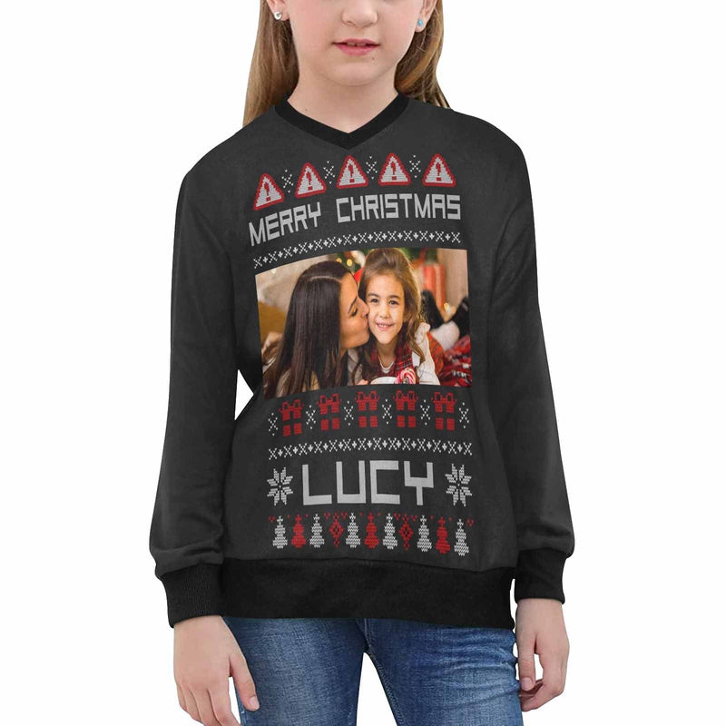 Custom Sweater Photo&Name Merry Christmas Personalized Girls' All Over Print V-Neck Sweater Custom Photo Ugly Christmas Sweater