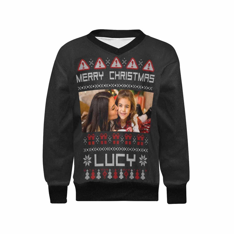 Custom Sweater Photo&Name Merry Christmas Personalized Girls' All Over Print V-Neck Sweater Custom Photo Ugly Christmas Sweater