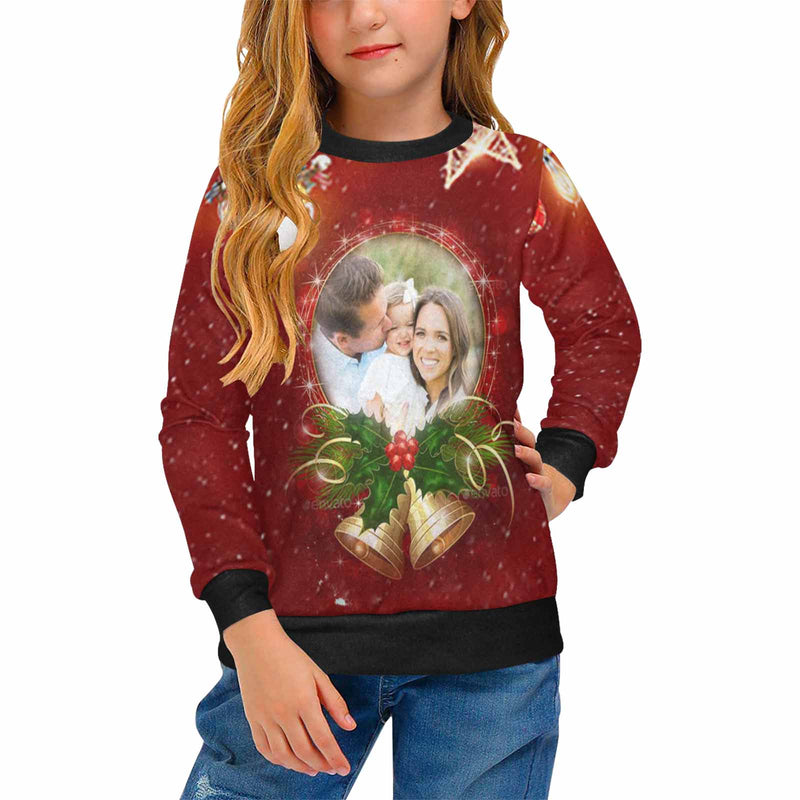 Custom Sweaters Photo Personalised Christmas Bell Girl's All Over Print Crew Neck Sweater Photo Ugly Christmas Sweater