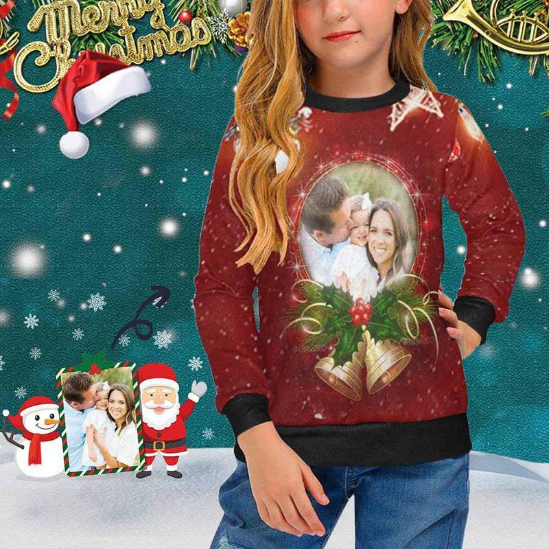 Custom Sweaters Photo Personalised Christmas Bell Girl's Print Sweater