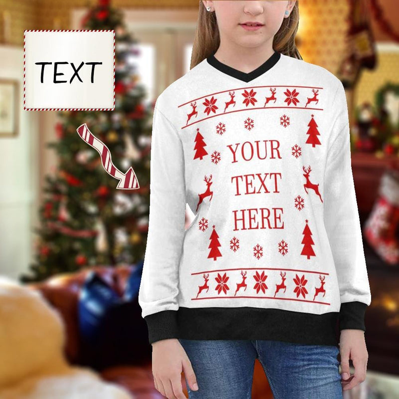 Custom Text Sweater Christmas Personalized Girls Print V-Neck Sweater