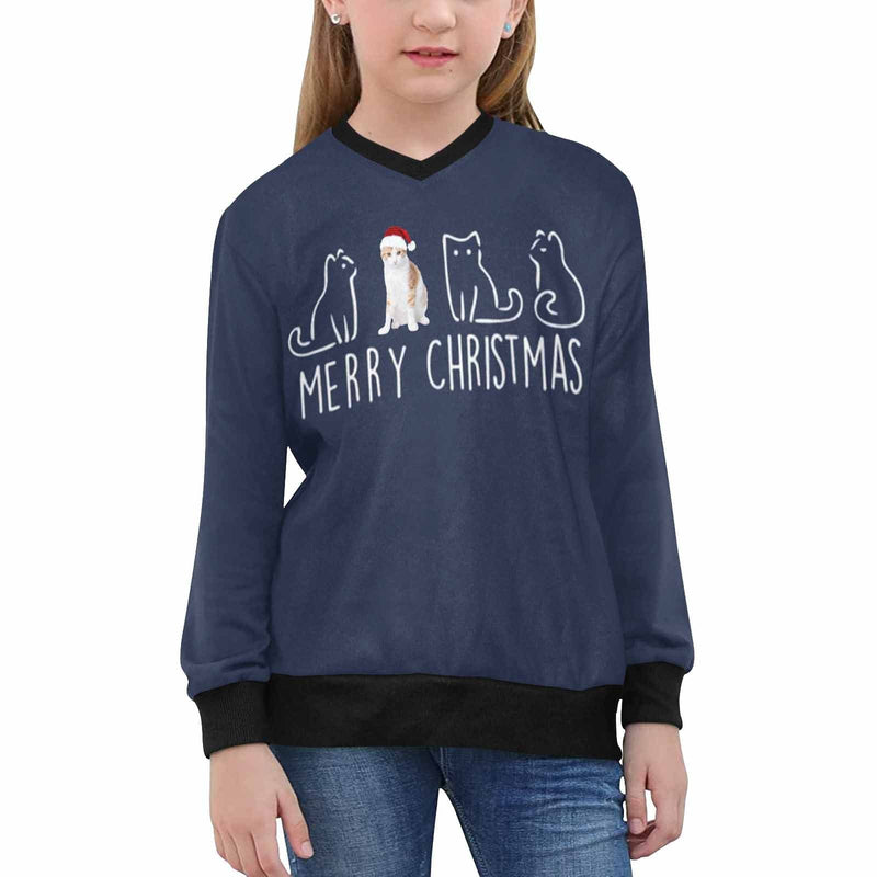 Personalized Photo Ugly Christmas Sweater Custom Ugly Sweater Cat Sweater Custom Cat's Photo Merry Christmas Girls' All Over Print V-Neck Sweater