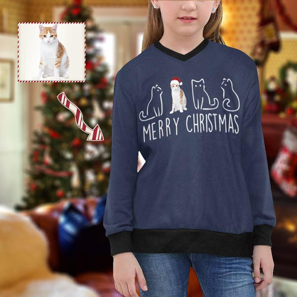 Personalized Cat Sweater Custom Photo Merry Christmas Girls Sweater