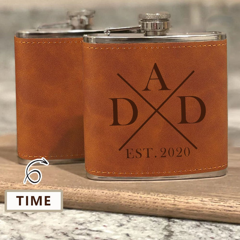 Custom Date Hip Flask Leather Flask 6 OZ for Fathers Day Gift