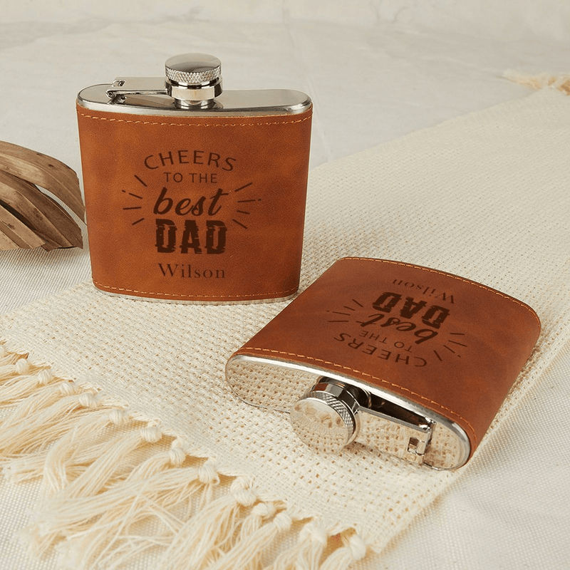 Personalized Leather Flask 6 OZ Custom Name Cheers to the Best Dad Hip Flask for Father's Day Gift for Dad Personalized Gift for Him