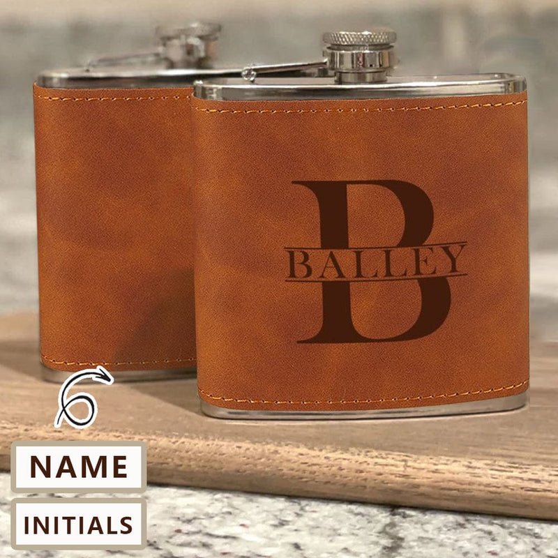 Custom Name&Initials Hip Flask Leather Flask 6 OZ for Fathers Day Gift