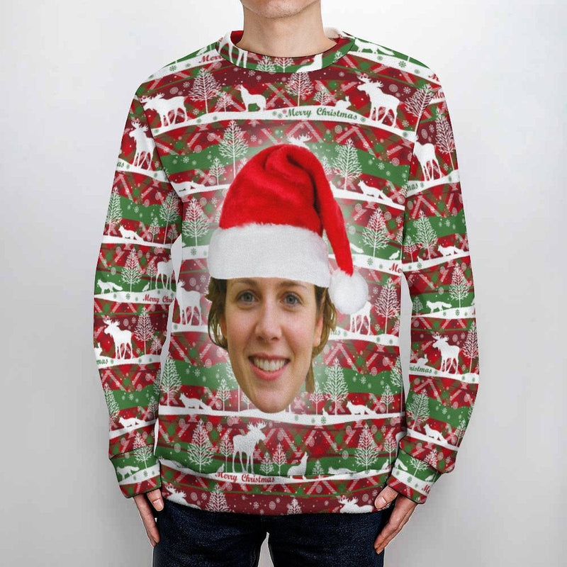 Custom Face Ugly Sweater Round Neck Sweater for Men Christmas Hat Long Sleeve Lightweight Sweater Tops Ugly Christmas Sweater With Photo