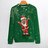 Custom Face Round Neck Sweater for Men Green Santa Claus Long Sleeve Lightweight Sweater Tops Custom Ugly Sweaters Face Ugly Christmas Sweater