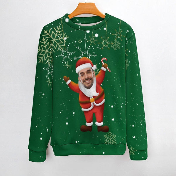 Custom Face Round Neck Sweater for Men Green Santa Claus Long Sleeve Lightweight Sweater Tops Custom Ugly Sweaters Face Ugly Christmas Sweater