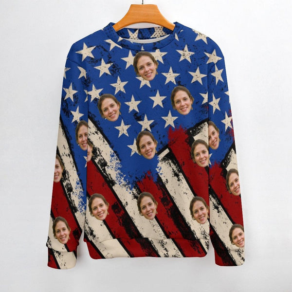 Custom Face Round Neck Sweater for Men USA Flag Personalized Ugly Sweater With Photo Long Sleeve Lightweight Sweater Tops