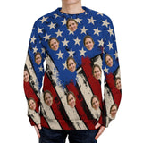 Custom Face Round Neck Sweater for Men USA Flag Personalized Ugly Sweater With Photo Long Sleeve Lightweight Sweater Tops