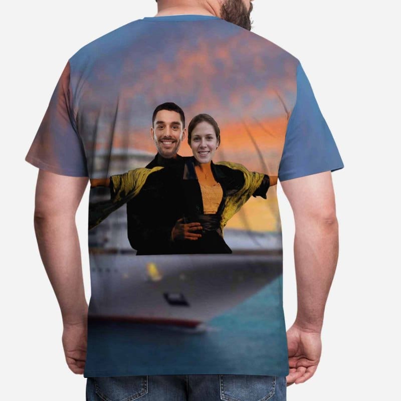 Custom Photo Tee Beautiful Sky Hug My Lover Shirts with Personalized Pictures Men's All Over Print T-shirt