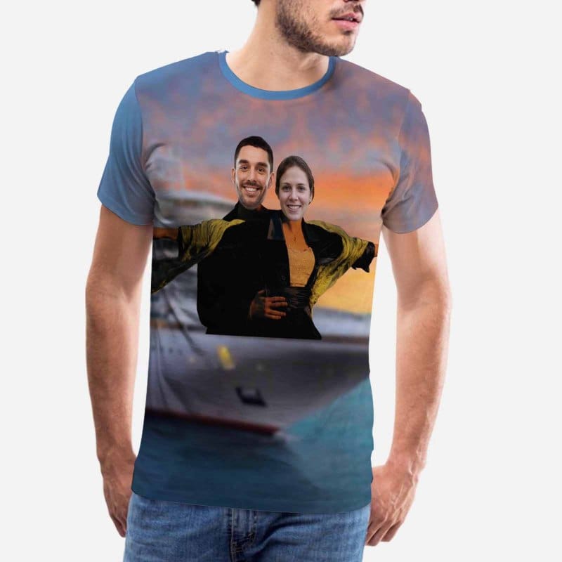 Custom Photo Tee Beautiful Sky Hug My Lover Shirts with Personalized Pictures Men's All Over Print T-shirt