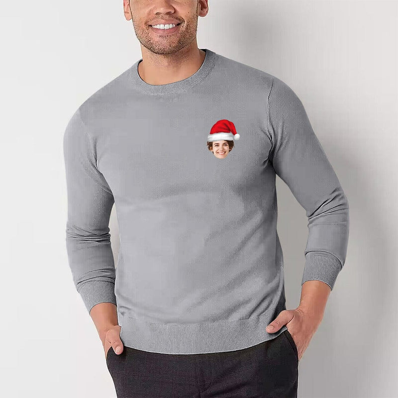 [High Quality]Custom Face Santa Hat Round Neck Sweater for Men Personalized Long Sleeve Ugly Sweater Tops