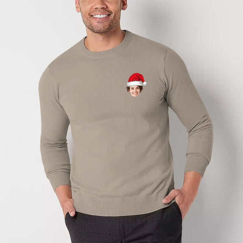 [High Quality]Custom Face Santa Hat Round Neck Sweater for Men Personalized Long Sleeve Ugly Sweater Tops