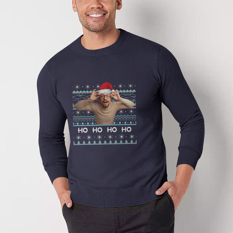 [High Quality]Custom Photo Christmas Round Neck Sweater for Men Ho Ho Ho Personalized Long Sleeve Ugly Sweater Tops