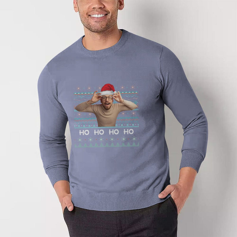 [High Quality]Custom Photo Christmas Round Neck Sweater for Men Ho Ho Ho Personalized Long Sleeve Ugly Sweater Tops