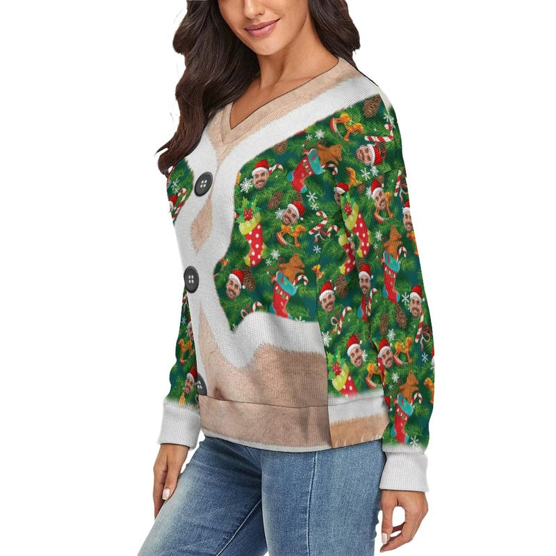 Custom Face V-Neck Sweater for Women Custom Ugly Christmas Sweater Long-Sleeve Pullover Sweater Personalized Ugly Sweater With Pictures