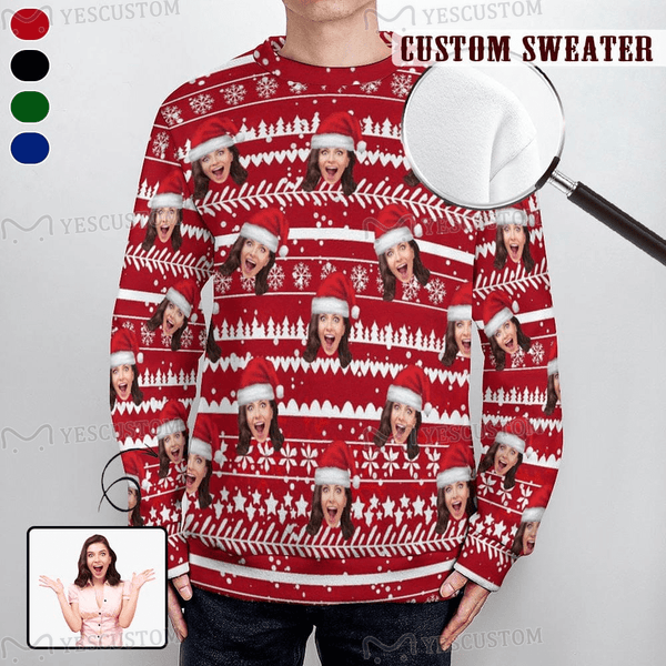 Custom Face Round Neck Sweater for Men Christmas Castle Doll Long Sleeve Lightweight Sweater Tops Personalized Ugly Sweater