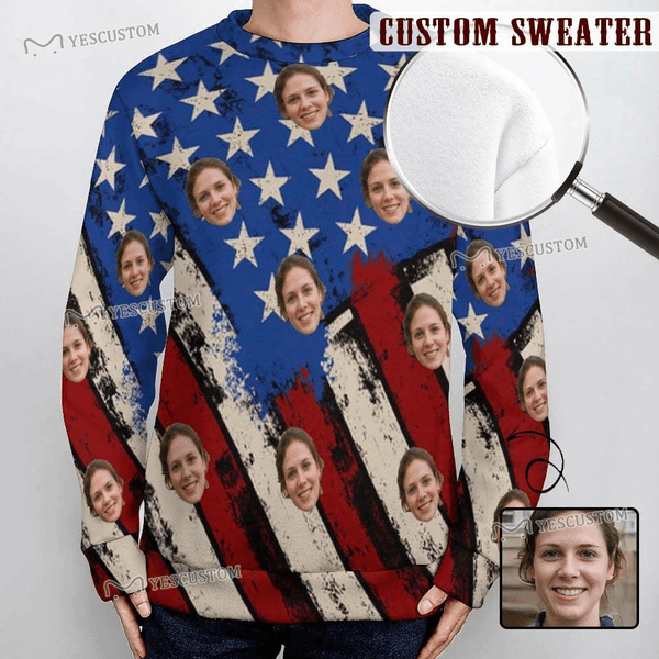 Custom Face Round Neck Sweater for Men USA Flag Personalized Ugly Sweater With Photo Long Sleeve Lightweight Sweater Tops