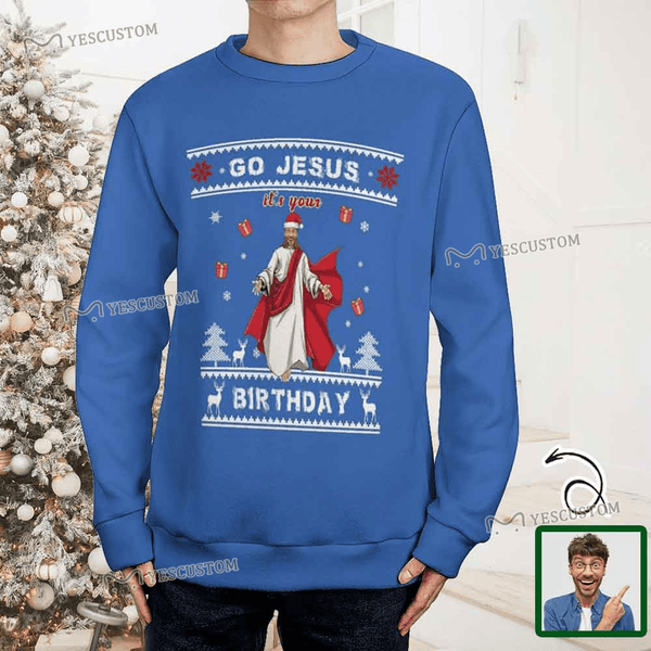 Custom Face Ugly Sweater Go Jesus Round Neck Sweater for Christmas Long Sleeve Lightweight Sweater Tops