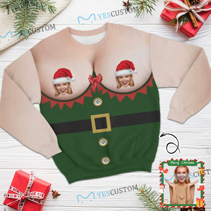 Custom Face Ugly Sweater Santa Hat Green Round Neck Sweater for Christmas