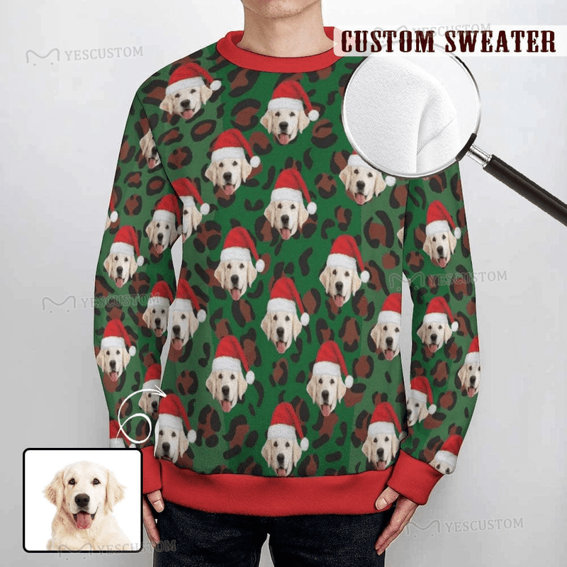 Custom Pet Face Round Neck Sweater for Men Christmas Red Hat Leopard Long Sleeve Lightweight Sweater Tops Custom Ugly Christmas Sweater