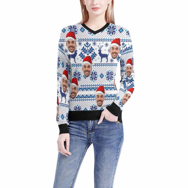 Custom Face Sweater Christmas Deer Tree White Personalized Women's All Over Print V-Neck Pullover Sweater Custom Face Ugly Christmas Sweater With Photo