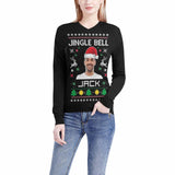 Custom Face Sweater Christmas Jingle Bells Personalized Women's All Over Print V-Neck Pullover Sweater Custom Photo Ugly Christmas Sweater