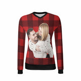 Custom Photo Ugly Sweater Christmas Red Black Stripes Design Women's All Over Print V-Neck Pullover Sweater Personalized Photo Ugly Christmas Sweater