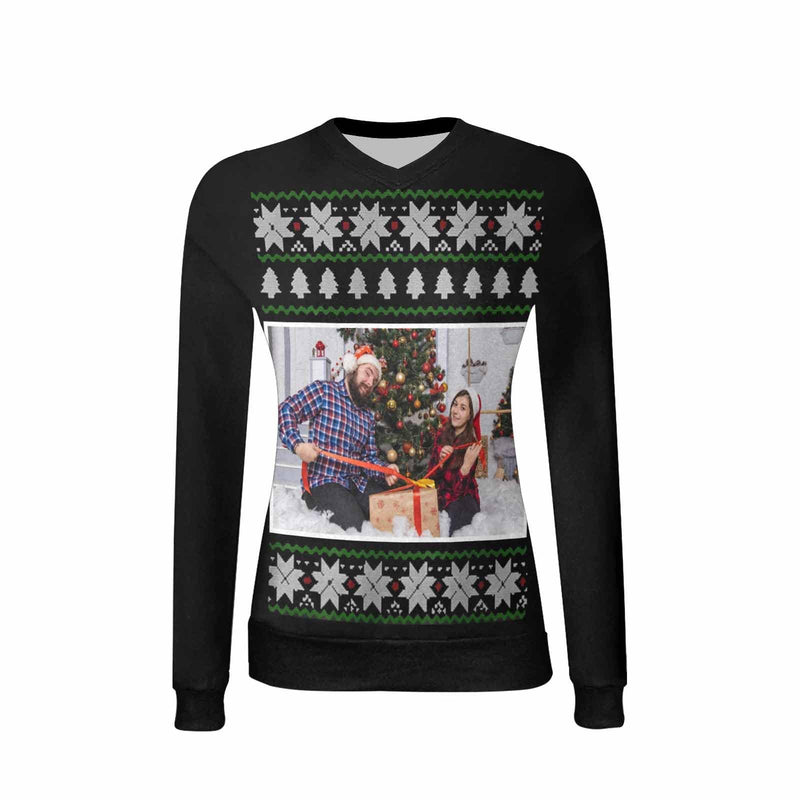 Custom Photo Sweater Christmas Snowflake Black Personalized Ugly Sweater With Photo Christmas Sweater With Picture Women's All Over Print V-Neck Pullover Sweater