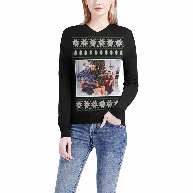 Custom Photo Sweater Christmas Snowflake Black Personalized Ugly Sweater With Photo Christmas Sweater With Picture Women's All Over Print V-Neck Pullover Sweater