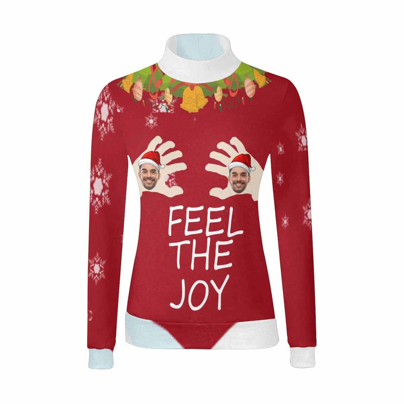 Custom Ugly Christmas Sweater Personalized Face Christmas Feel The Joy Women's All Over Print Mock Neck Sweater Ugly Christmas Sweater With Photo