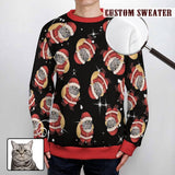 Custom Pet Face Round&V-Neck Sweater for Men&Women Christmas Santa Claus Long Sleeve Lightweight Sweater Tops Custom Photo Ugly Christmas Sweater