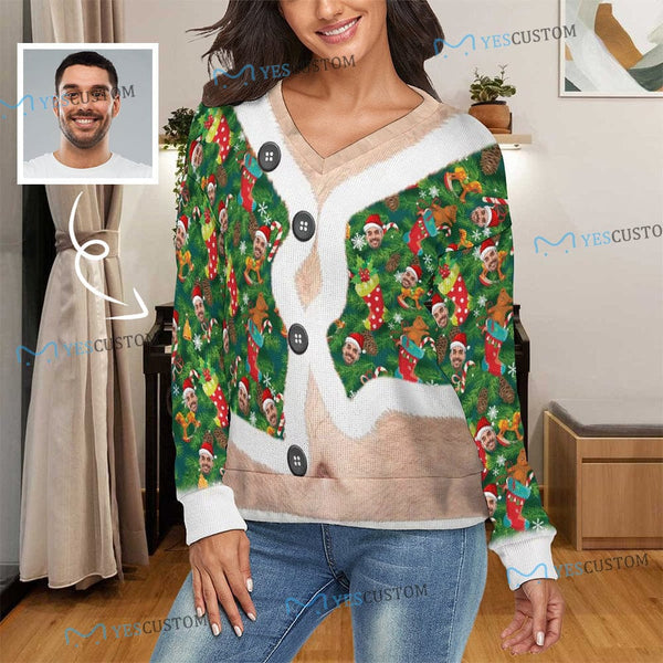 Custom Face V-Neck Sweater for Women Custom Ugly Christmas Sweater Long-Sleeve Pullover Sweater Personalized Ugly Sweater With Pictures