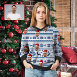 Custom Face Sweater Christmas Deer Tree White Personalized Women's All Over Print V-Neck Pullover Sweater Custom Face Ugly Christmas Sweater With Photo